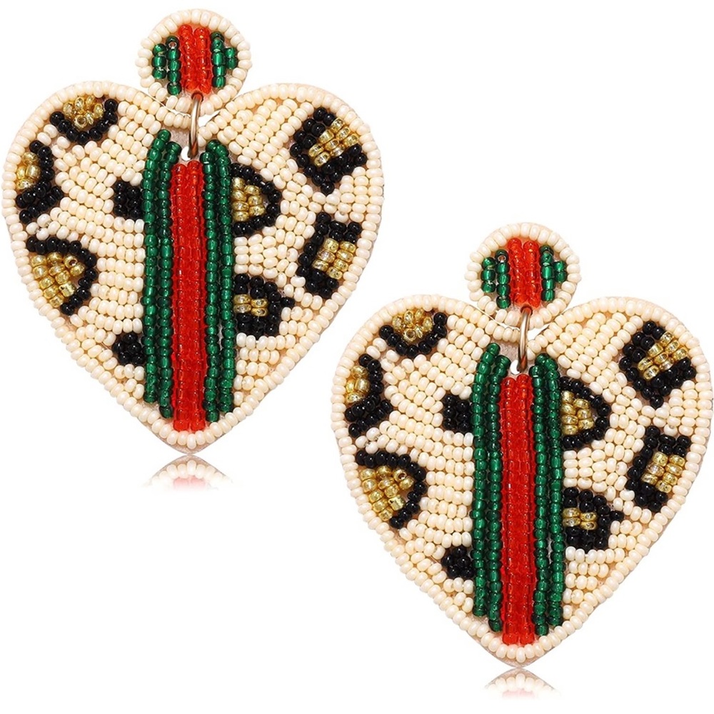 Red & Green Stripe Leopard Beaded Earrings